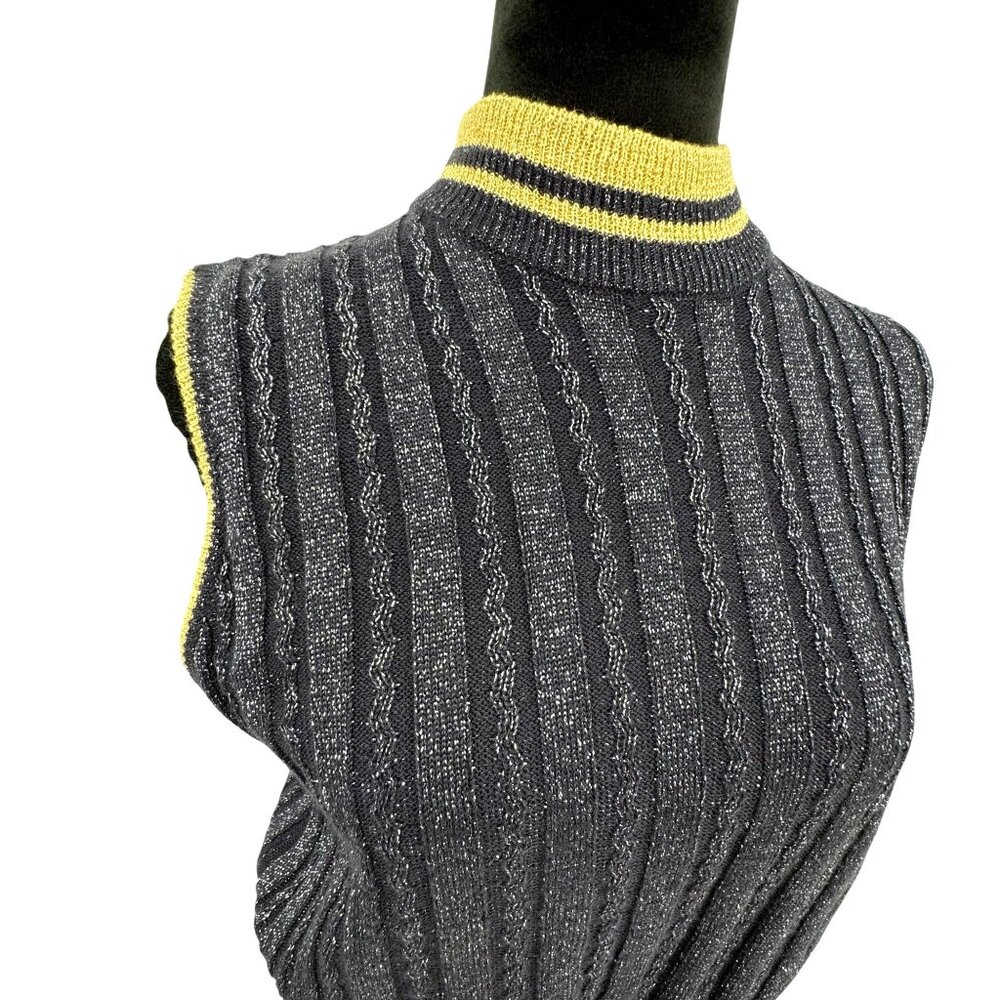 2/$18 Sale!‎  Vtg Varsity Sweater Vest Striped Cable Knit Metallic L Mock Neck